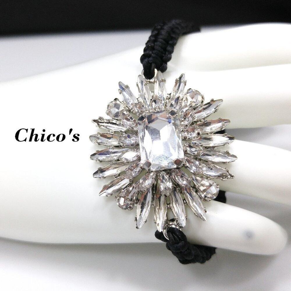 Chico's Floral Starburst Clear Rhinestone Black Stretch Bracelet, 7 Inches